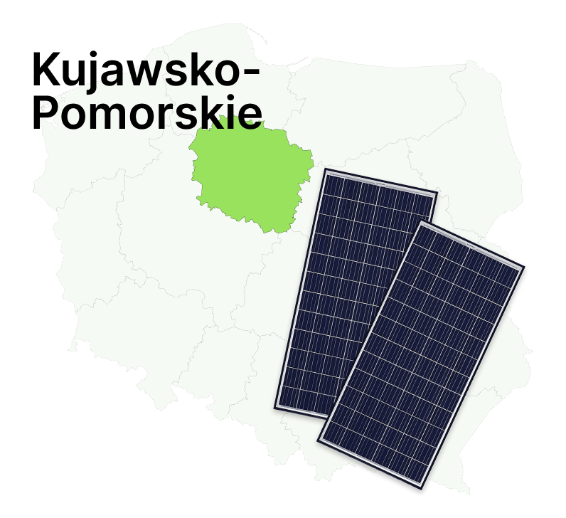 Mapa Polski z wyróżnionym województwem kujawsko-pomorskim oraz dwa moduły fotowoltaiczne